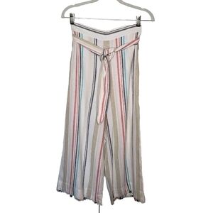 Anthro Cloth & Stone Stripe Pants XS Linen Pullon Flat Front Frayed Hem Wide Leg
